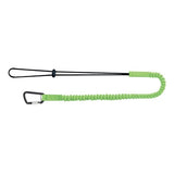 Introducing the PIP Tool Tethering Kit 533-900101 from Protective Industrial Products. This kit includes a green bungee cord featuring a black loop on one end and a black carabiner clip on the other. The coiled, elastic cord is engineered to secure items and prevent dropped objects, providing durable tool attachment solutions.