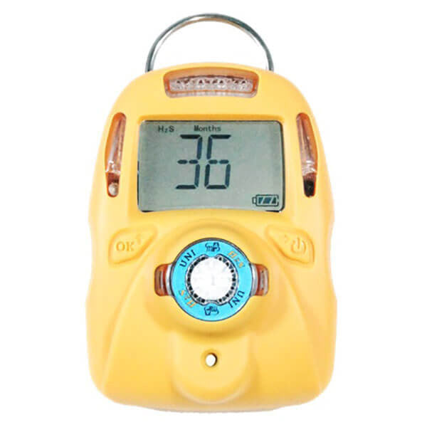 The mPower UNI 321 MP103 3 Yr H2S Single Gas Detector (M016-0002-000) from mPower Electronics is a yellow handheld device featuring a digital display reading "36", indicators for months, battery status, and buttons labeled OK and power. A rotary selector located below the screen ensures that the monitor is maintenance-free and designed to detect a single gas.