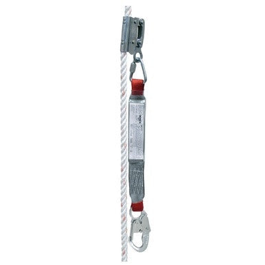 The Protecta PRO Rope Grab Lifeline 1340005 by 3M DBI-SALA Fall Protection features a safety rope with a mechanical rope grab device, complemented by a red shock absorber and secured with a sturdy metal carabiner for optimal fall protection.