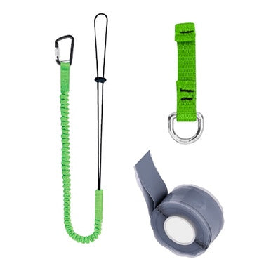 Explore the PIP Tool Tethering Kit 533-900101 from Protective Industrial Products, which features a durable green safety lanyard collection. This kit includes a coiled elastic lanyard with a carabiner and loop, a strap with a metallic D-ring, and gray tape, making it ideal for securing equipment and preventing dropped objects in any environment.