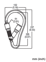 Diagram of the French Creek Aluminum Twist-Lock Carabiner 62A by French Creek Production with labeled dimensions: total length 237 mm (9.33 inches), width 132 mm (5.19 inches), and inner section width 51 mm (2.01 inches). An additional dimension measures 205 mm (8.07 inches). Designed for fall protection and conforms to ANSI Z359 standards, with measurements provided in both millimeters and inches.