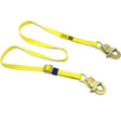 The 3M DBI-SALA Fall Protection Web Positioning Lanyard - Adjustable 1231016 showcases a vibrant yellow design and comes equipped with self-locking snap hooks on each end. Its adjustable features and detailed stitching make it perfect for industrial safety applications.