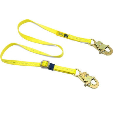 The 3M DBI-SALA Fall Protection Web Positioning Lanyard - Adjustable 1231016 showcases a vibrant yellow design and comes equipped with self-locking snap hooks on each end. Its adjustable features and detailed stitching make it perfect for industrial safety applications.