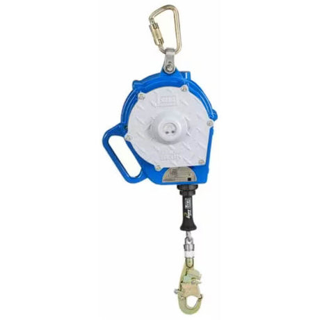 The 3M DBI-SALA Sealed-Blok SRL, featuring a sturdy handle for easy carrying, is a blue and silver IP-69K rated self-retracting lifeline. It includes a carabiner at the top and a swivel snap hook at the bottom, with a durable metal casing designed to withstand harsh conditions.