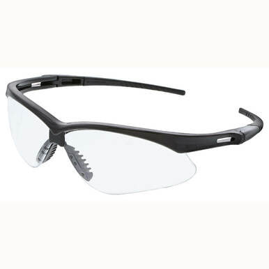 The MCR Safety Memphis MP1 MAX6 Anti-Fog Lens MP110PF, available in a convenient 12-pack, are protective safety glasses that feature clear, anti-fog lenses and a sleek black frame. They come with adjustable nose pads for added comfort and provide UV protection.