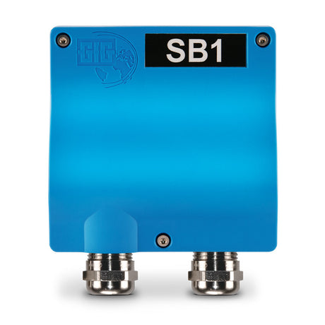 A blue device labeled "GfG Double Safety Barrier Two Channel SB1 for IR29 2910210" from the brand GfG, featuring two metallic connectors at the bottom, serves as a safety barrier ideal for Ex Zone 0 environments. The background is white.