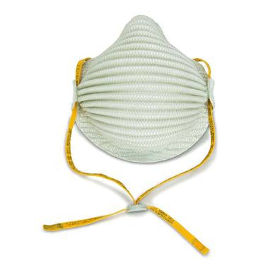 A Moldex N95 Disposable Waved Respirator 4600 with yellow elastic straps is set against a white background. This valve-free, textured, disposable respirator features a ridged surface and a cup shape designed to effectively cover the nose and mouth.