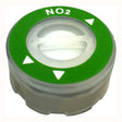 A round, transparent plastic cap designed for the RKI Replacement NO2 Sensor ESR-A13D-NO2 by RKI Instruments features a green label with "NO2" and white arrows. It includes slots for attachment and has a smooth surface, making it compatible with replacement gas sensors such as the GX-3R Pro.