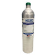 A silver 34-liter gas cylinder with a green cap, labeled "AimSafety," contains Nitrogen Calibration Gas. The label details the gas mixture and components and features an American flag to signify it's made in the USA.