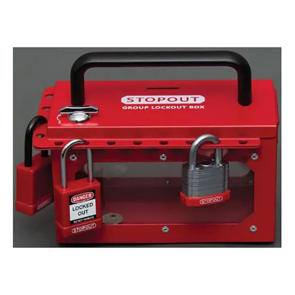 The AccuformNMC Accuform STOPOUT Pry-Resistant Lock Box KCC690 is a rust-resistant red lock box labeled "STOPOUT," featuring two attached padlocks. It includes a handle on top and multiple lock slots, specifically designed for safety lockout procedures to manage electrical hazards in industrial settings.