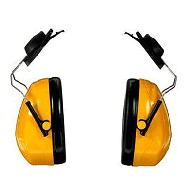 The 3M Peltor Optime 98 Cap-Mount Earmuffs H9P3E, in yellow and black, are displayed on a white background. They provide effective noise reduction with padded ear cups for comfort. The vertical adjustment of the headbands increases convenience, making them ideal for workplace safety.