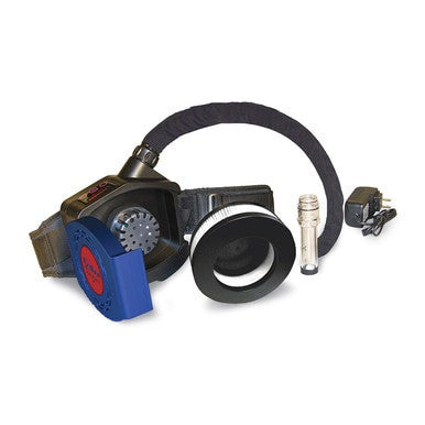 The Allegro Blower Assembly With HEPA Filter 9935-BLW, by Allegro, is a portable air purifying respirator system that includes a HEPA filter, black hose, and carrying belt. It also comes with a charger and silver accessory for enhanced protection against airborne particles.