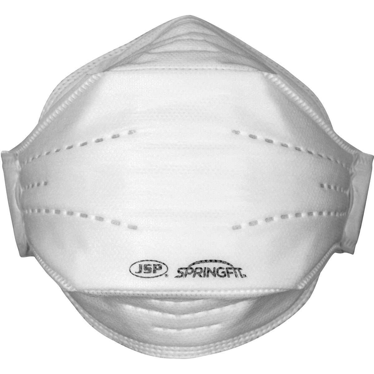 The PIP Springfit N95 Flat Fold Disposable Respirator (model 272-RPD421N95) from Protective Industrial Products features a white design with visible stitching for a secure fit. It is slightly curved to comfortably cover the nose and mouth, equipped with ear loops and a discreet logo at the bottom.