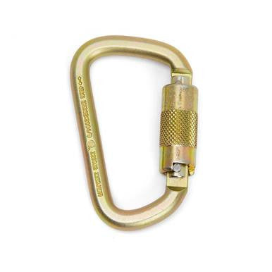 This gold-colored Skylotec Steel D-Shaped TW Carabiner H-129 features a screw gate mechanism, making it perfect for climbing or securing tasks. Designed to provide reliable fall protection, it is presented against a plain white background.