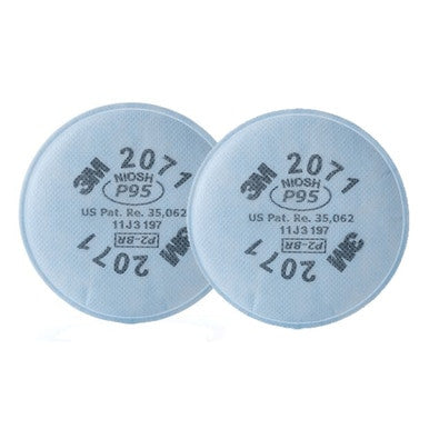 The 3M 2071 P95 Particulate Mask Filter (Pair), in a round, blue design, is expertly crafted by 3M for use in respirators, ensuring optimal respiratory protection. Each filter is adorned with numbers and patent details, making these P95 filters ideal companions to dust masks.