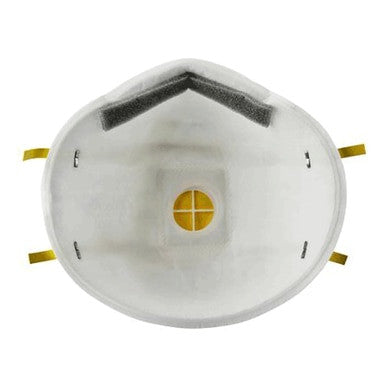 The 3M N95 Disposable Respirator with Exhalation Valve 8210V, featuring a CoolFlow Exhalation Valve in the center and yellow elastic straps, is shown. This mask includes a gray inner lining for enhanced comfort and filtration.