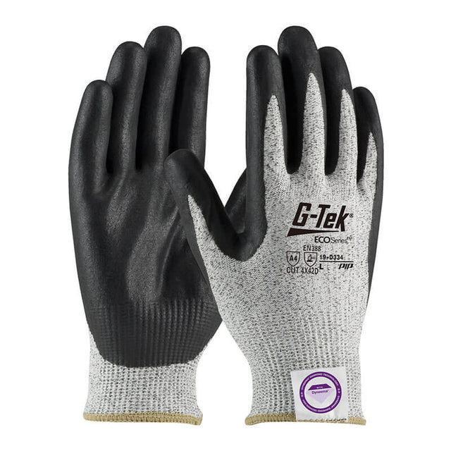 The PIP G-Tek ECO Dyneema Phoenix Gloves, model 19-D334, come in a pack of 12 pairs and feature black nitrile-coated palms with gray fabric on the back. These gloves from Protective Industrial Products bear the G-Tek logo and include safety certification markings, offering excellent durability and cut resistance for challenging tasks.