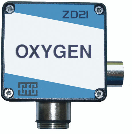 The image shows a detailed view of a blue and white GfG ZD121 Oxygen Fixed Transmitter (Model No. 2210009), which features a Zirconium Dioxide Sensor. It is equipped with corner screws and has a cylindrical connector on the side, specifically designed for accurate oxygen detection.
