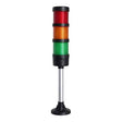 The RKI Instruments RKI Stack Light/Horn, designed for 115 VAC operation, includes a vertical signal tower featuring three stacked lights: red on top, amber in the middle, and green at the bottom. These vivid outdoor lights are mounted on a silver pole with a robust black base.