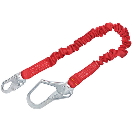 A red 3M PROTECTA PRO Stretch Shock Absorbing Lanyard 1340121 by 3M DBI-SALA Fall Protection features two metal snap hooks on each end. The elastic lanyard is specifically designed to manage fall arrest forces, boasting durable stitching and robust connectors.