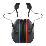 A pair of PIP Sonis Compact Full Brim Mounted Passive Ear Muffs from Protective Industrial Products, featuring black and orange over-the-ear design with adjustable metal headbands, shown from the front. These earmuffs are crafted for noise reduction with an NRR 24 rating.