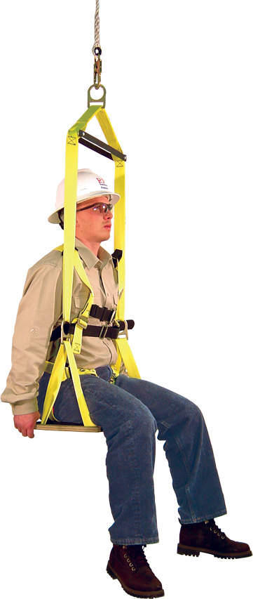 A person wearing a safety helmet and glasses sits comfortably in the French Creek Bosun Chair Work Seat 4154, which is attached to a rope. Sporting a beige shirt, blue jeans, and brown boots, they seem to be demonstrating fall protection equipment from French Creek Production that is perfect for tasks such as window washing.