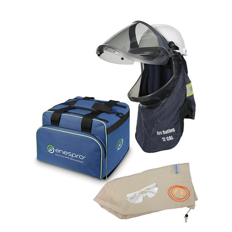 The NSA Enespro 25 Cal Shroud Kit EN25SKNTNB01AL is a comprehensive protective gear set that includes a blue safety bag, a helmet with face shield and arc rating hood, as well as a beige storage bag featuring an imprint of safety glasses. It's perfect PPE for head protection.