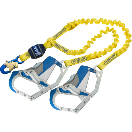 A 3M DBI-SALA EZ-Stop 100% Tie-Off Shock Absorbing Lanyard in yellow and blue, equipped with two large silver hooks and a carabiner. It includes elastic sections specifically designed for attaching to safety harnesses, providing shock absorption for improved protection.