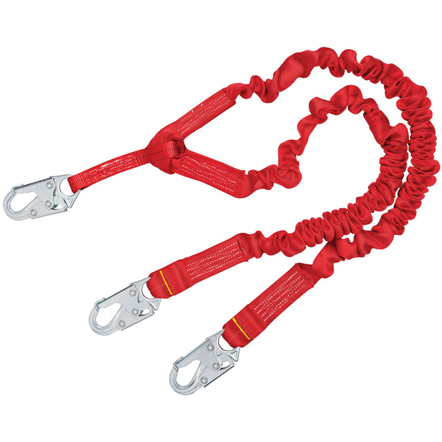 The 3M PROTECTA PRO Stretch Shock Absorbing Lanyard 1340141 from 3M DBI-SALA Fall Protection is a red twin-leg safety lanyard with an integrated elastic bungee designed for fall protection. It features three silver automatic-locking carabiners positioned at each end and the middle, crafted for safety harness systems and enhanced shock absorption capabilities.