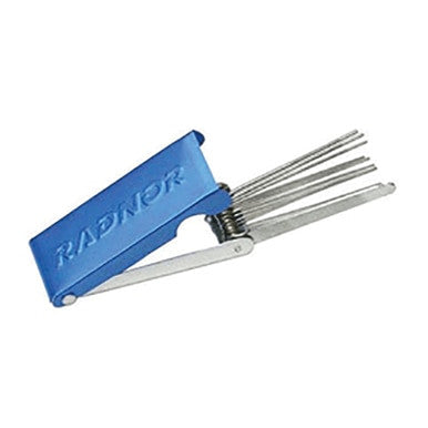 A RADNOR Model AG650C Standard Tip Cleaner, suitable for oxygen-acetylene torches, features a compact design with multiple thin stainless steel wires extended and the brand name "Radnor" on its blue casing.