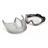 The Pyramex Safety Capstone Combination Goggles and Face Shield are displayed side by side on a white background. The Capstone goggles, renowned for their chemical splash resistance, feature an adjustable black strap, while the face shield visor has a gentle curve with clearly visible attachment points at the top.