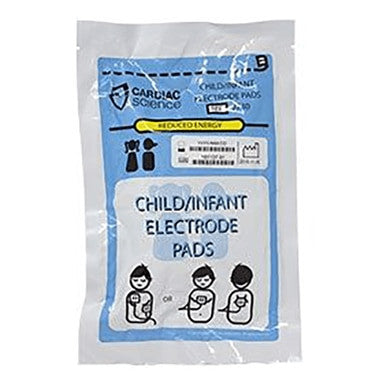 This image showcases a package of ZOLL Powerheart G3 Pediatric Defibrillation Pads 9730-002. The white and blue packaging displays illustrations that demonstrate reduced-energy electrode pad placement on a child.