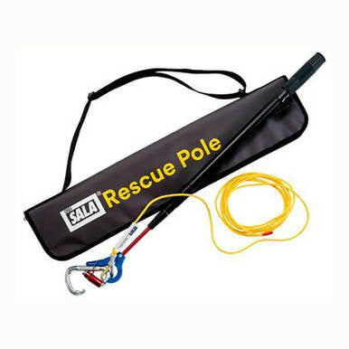 The 3M DBI-SALA Rescue Pole Kit 8900299, a versatile self-rescue device featuring a grip handle, comes with a yellow rope and metal hooks. It is shown alongside a black carrying bag labeled "SALA Rescue Pole.