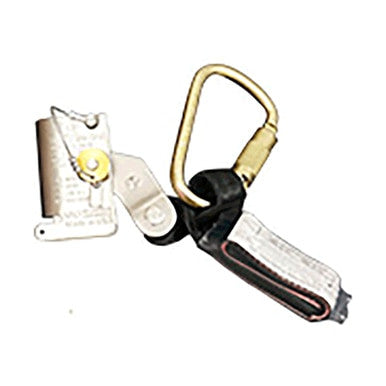 Introducing the French Creek Stainless Steel Cable Grab 1401A-38 from French Creek Production. This device features a gold-colored metal carabiner and a fabric loop with reinforced stitching. It's an ideal choice for climbing or rescue operations, and integrates seamlessly into a fall arrest system to enhance security.