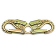 The Skylotec Steel Spreader Positioning Hook H-154 is a symmetrical, metallic dual carabiner featuring a central circular connector and two locking gates. It showcases a brushed gold finish with visible screws and branding. Designed by Skylotec for fall protection, it ensures safety without sacrificing style.