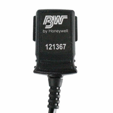 Close-up of a black device with "BW Honeywell" and the number "121367" printed on it. This BW Honeywell Vehicle Power Adapter GA-VPA-1 is seamlessly attached to a cable, ensuring reliable compatibility with BW Technologies equipment.