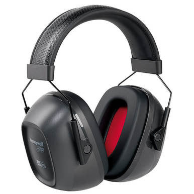 Introducing the Honeywell VS130 VeriShield Earmuff 1035108-VS by Howard Leight, a sleek pair of black over-ear earmuffs with an adjustable headband for optimal noise protection. The interior of the ear cups features red memory foam cushions, ensuring comfort and enhanced hearing protection.