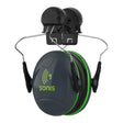 The PIP Sonis1 Full Brim Mounted Passive Ear Muff 262-AEB010-FB is a pair of black and green over-ear ear defenders, designed for full brim mounted helmets. The brand name "PIP - Protective Industrial Products" is displayed on the ear cups. These passive ear muffs include wires and plastic components for secure helmet fitting and offer a Noise Reduction Rating (NRR) of 22.