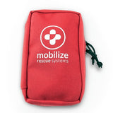 This ZOLL Mobilize Public Access Rescue Station, model 8911-005000-01, features a red first aid kit pouch adorned with a white cross logo and the text "Mobilize Rescue Systems" on the front. It includes a dark green zipper pull on the right side, and is designed for medical emergencies to complement the Mobilize Rescue app as part of a comprehensive Public Access Rescue System.