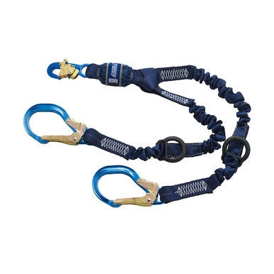 The DBI-SALA Force2 Shock Absorbing Lanyard (6 ft) 1246032 by 3M DBI-SALA Fall Protection features two carabiner hooks and a shock absorber. Its durable design includes reinforced stitching and adjustable tension, highlighting its fall arresting capabilities, which make it ideal for climbing activities.