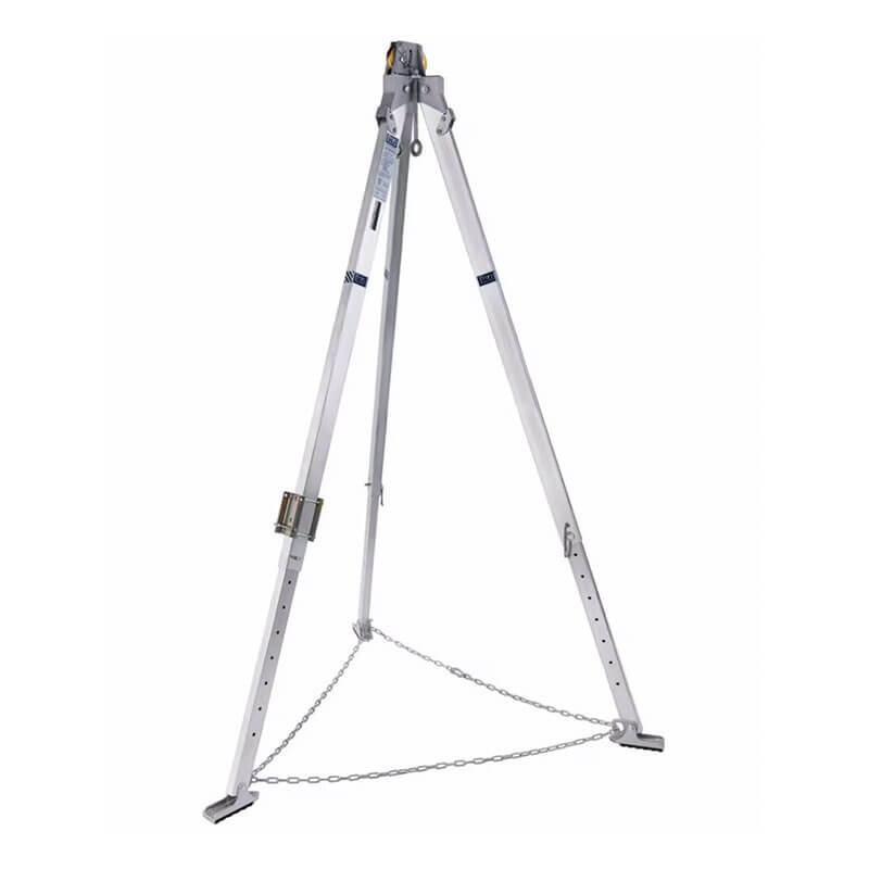 The 3M DBI-SALA Confined Space Aluminum Tripod w/Winch 83010, by 3M DBI-SALA Fall Protection, features adjustable legs and safety mechanisms like a base chain. It stands on flat feet for stability, making it perfect for industrial use or confined space rescue.