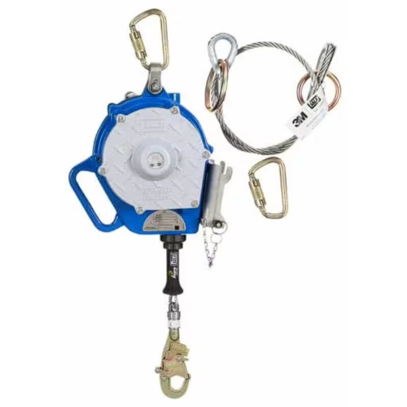 The 3M DBI-SALA Fall Protection set includes a Sealed-Blok SRL Retrieval with Bracket, featuring a blue finish and a Class 1 stainless steel cable. This 50-foot device is equipped with an attached hook and carabiner clips, designed to enhance fall protection and worker safety.