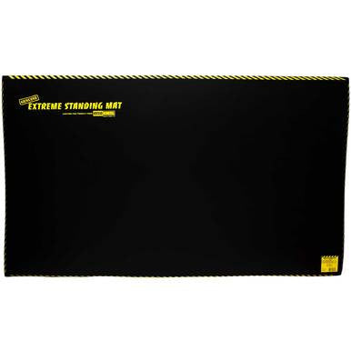 The Working Concepts ErgoKneel Extreme Standing Mat 5035, measuring 36 x 60 inches, showcases "Extreme Standing Mat" in yellow on the upper left corner. This black anti-fatigue mat with yellow and black striped edges is made from nitrile foam, providing exceptional comfort for extended standing periods.