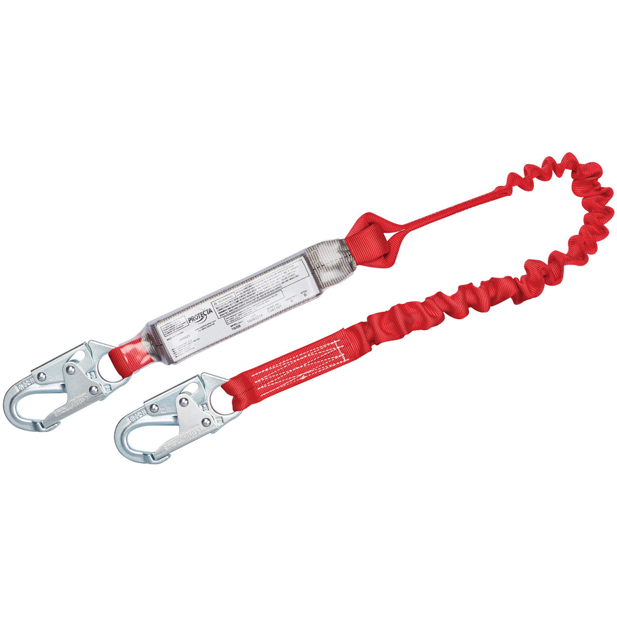 The 3M DBI-SALA Fall Protection 3M PROTECTA PRO Pack Elastic Shock Absorbing Lanyard 1341101 features a red elastic design with silver locking carabiners at both ends and an energy-absorbing component in the middle, providing fall protection for construction or industrial environments.