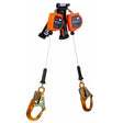 The image features the 3M DBI-SALA Nano-Lok Edge Twin-Leg SRL, AlumRebar 3500280, a safety device with orange and black casings that includes two retractable cords and gold-colored hooks. Designed for ANSI Class 2 scenarios and leading-edge applications, it provides secure attachment for construction or industrial settings under the 3M DBI-SALA Fall Protection brand.