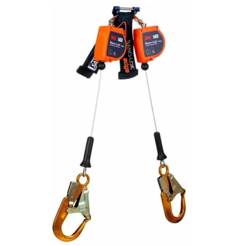 The image features the 3M DBI-SALA Nano-Lok Edge Twin-Leg SRL, AlumRebar 3500280, a safety device with orange and black casings that includes two retractable cords and gold-colored hooks. Designed for ANSI Class 2 scenarios and leading-edge applications, it provides secure attachment for construction or industrial settings under the 3M DBI-SALA Fall Protection brand.