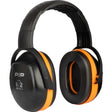 The PIP V2 Ear Muff with Adjustable Headband 263-V2HB by Protective Industrial Products boasts a black and orange design with "PIP" and "V2" logos on the ear cups. These earmuffs feature an adjustable headband for a customized fit and provide excellent passive noise protection, making them ideal for various environments.