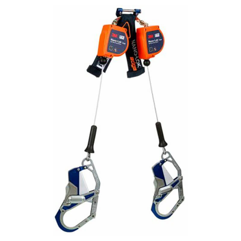 The 3M DBI-SALA Nano-Lok Edge Twin-Leg SRL, part of the trusted 3M DBI-SALA Fall Protection brand, is equipped with two orange and navy retractors with carabiners, making it ideal for leading edge applications. These ANSI Class 2 adjustable cables are specifically designed for personal fall protection in professional environments.