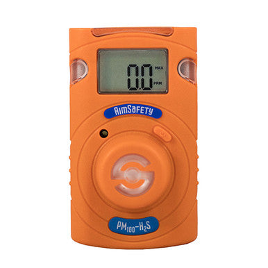 The vivid orange AimSafety H2S Single Gas Monitor PM100-H2S comes with a digital display that reads "0.0 PPM," specifically designed for precise detection of hydrogen sulfide.