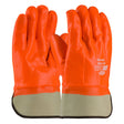 PIP ProCoat Premium PVC Gloves with Interlock/Jersey Liner 58-7305 feature a hi-vis orange design with a smooth, glossy PVC dipped finish. They have a beige wrist cuff for added protection and include text and symbols on the back, focusing on safety and durability.